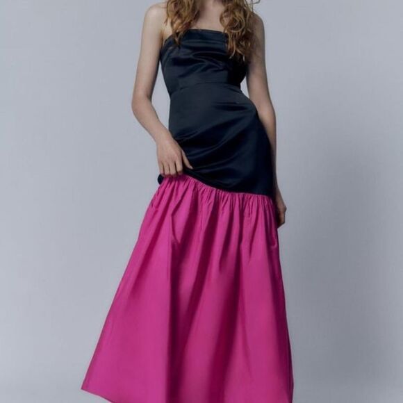 ZARA PRINCESS DIANA INSPIRED RHINESTONE FLARED HEM LONG CONTRAST DRESS BLACK FUC - Picture 1 of 16